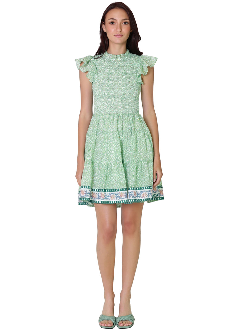 Oliphant Smocked Flirty Short Dress In Jamali Green