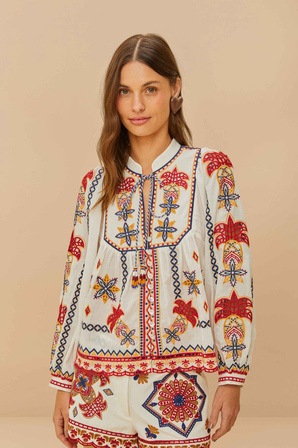 Farm Rio Marys tiles Embroidered blouse Off White