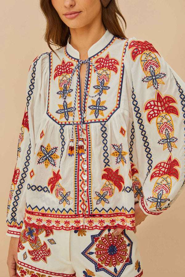 Farm Rio Marys tiles Embroidered blouse Off White