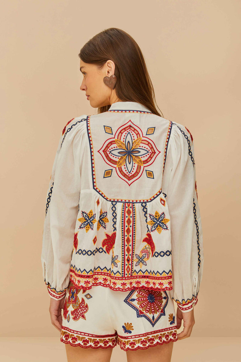 Farm Rio Marys tiles Embroidered blouse Off White