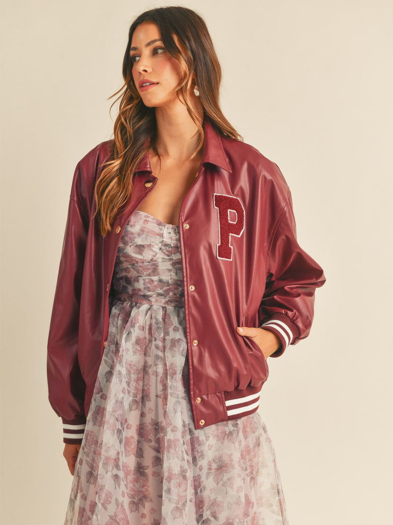 Mable Nolan Faux Leather Varsity Jacket In Burgundy
