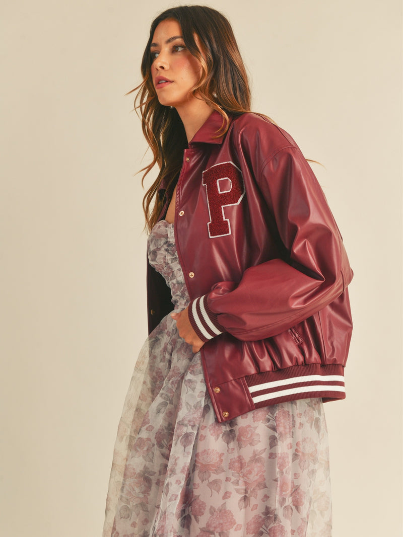 Mable Nolan Faux Leather Varsity Jacket In Burgundy