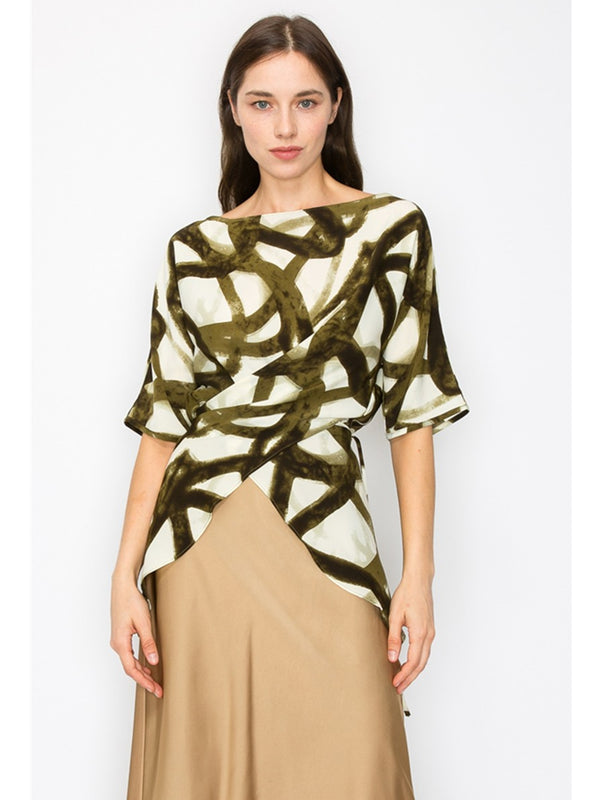 INA Payton Abstract Print Wrap Side Tie Top In Olive Multi