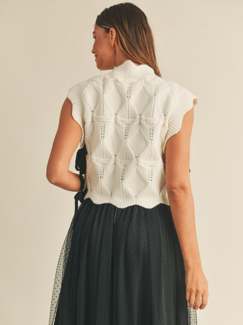 Mable Omari Scalloped Knit Vest With Side Bow In Cream