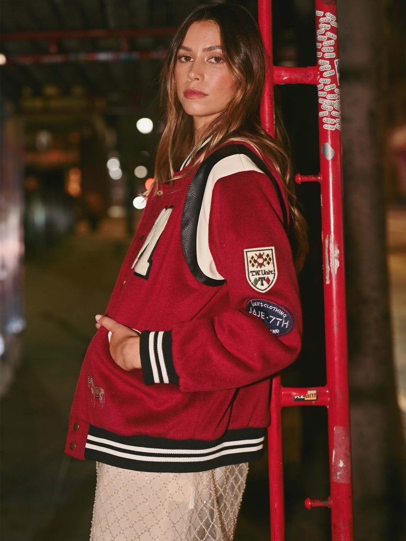 Mable Camilo Bomber Varsity Jacket With Patch Detail In Burgundy
