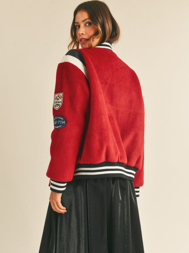 Mable Camilo Bomber Varsity Jacket With Patch Detail In Burgundy