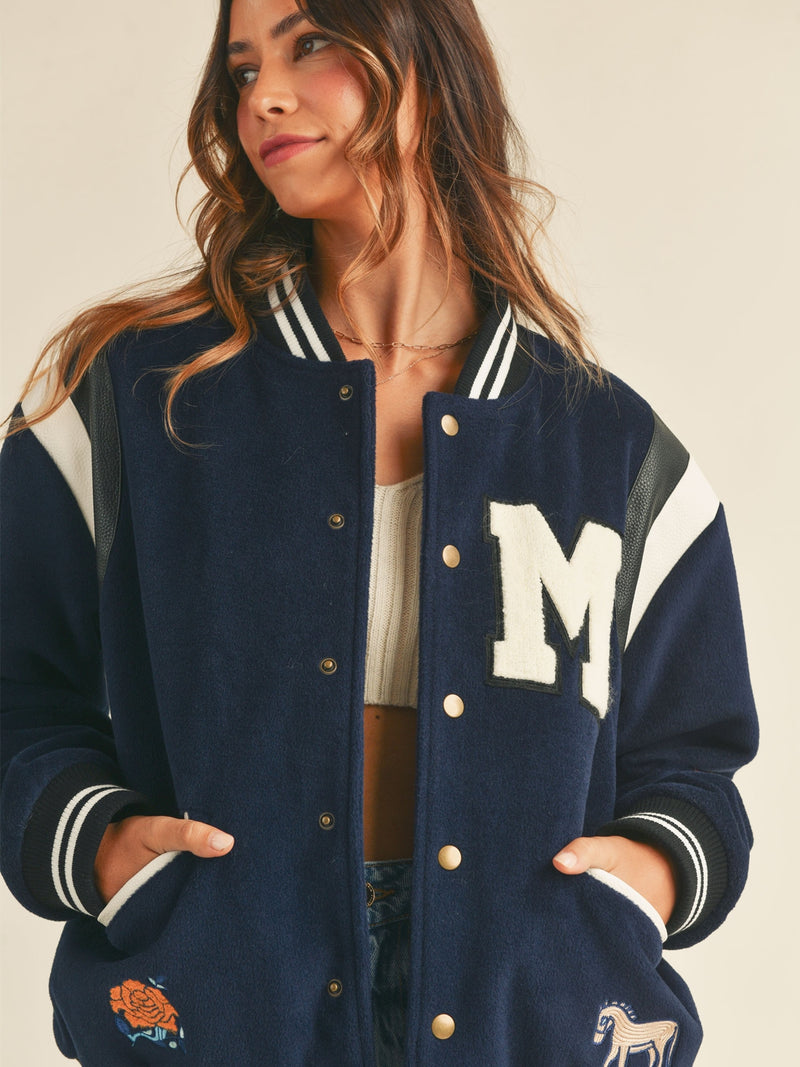 Mable Camilo Bomber Varsity Jacket With Patch Detail In Navy
