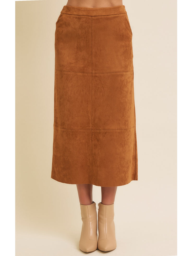 In February Bianca Suede Midi Skirt With Back Slit In Caramel