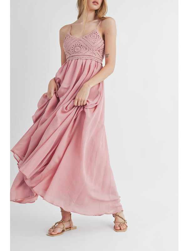 Mable Ambrose Crochet Cami Bodice Maxi Dress In Dusty Rose