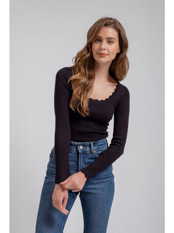 The Workshop Genev Scallop Trim Long Sleeve Knit Top In Black