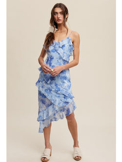 Listicle Godfrey Floral Vneck Asymmetrical Ruffled Midi Dress In Blue