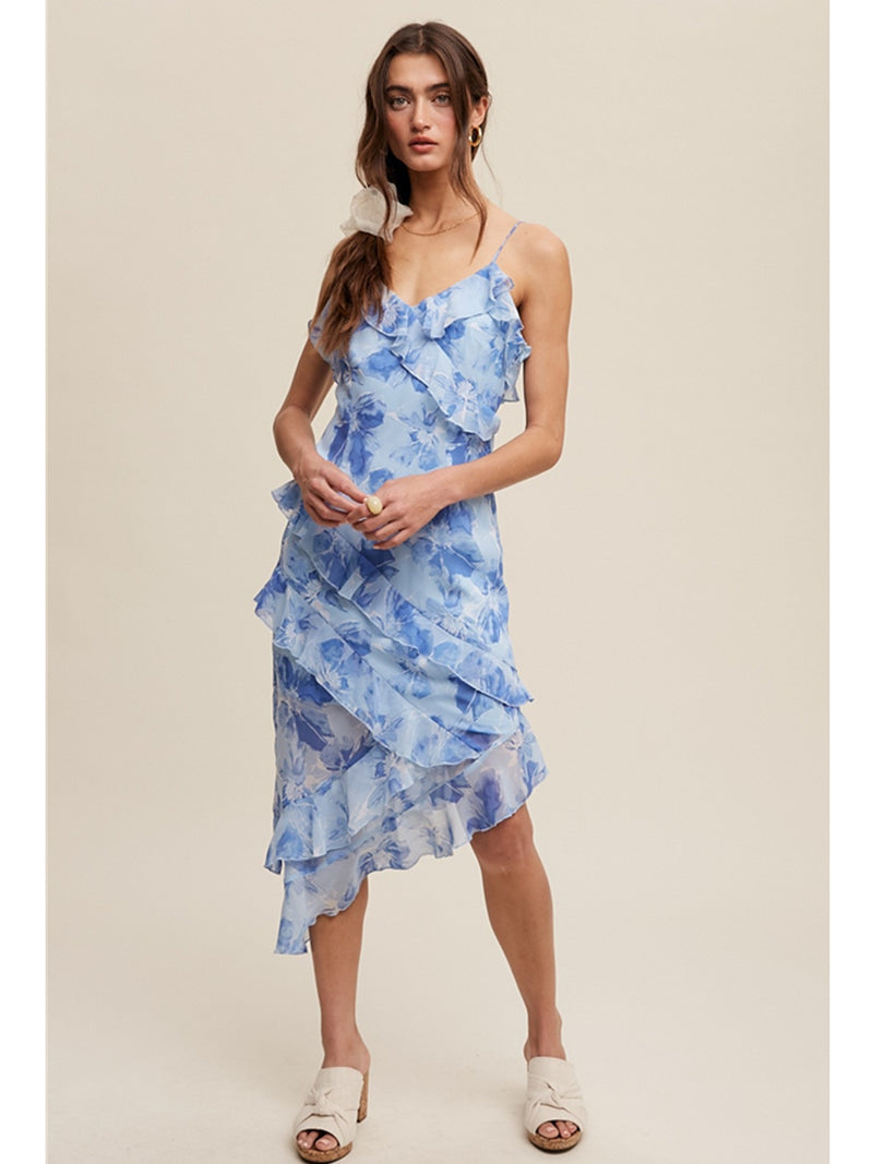 Listicle Godfrey Floral Vneck Asymmetrical Ruffled Midi Dress In Blue