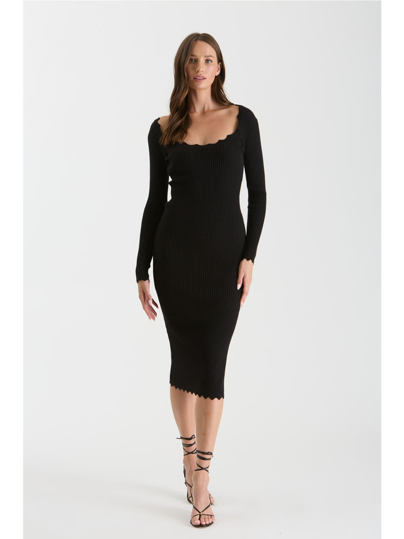 The Workshop Adira Scallop Rib Knit Dress In Black