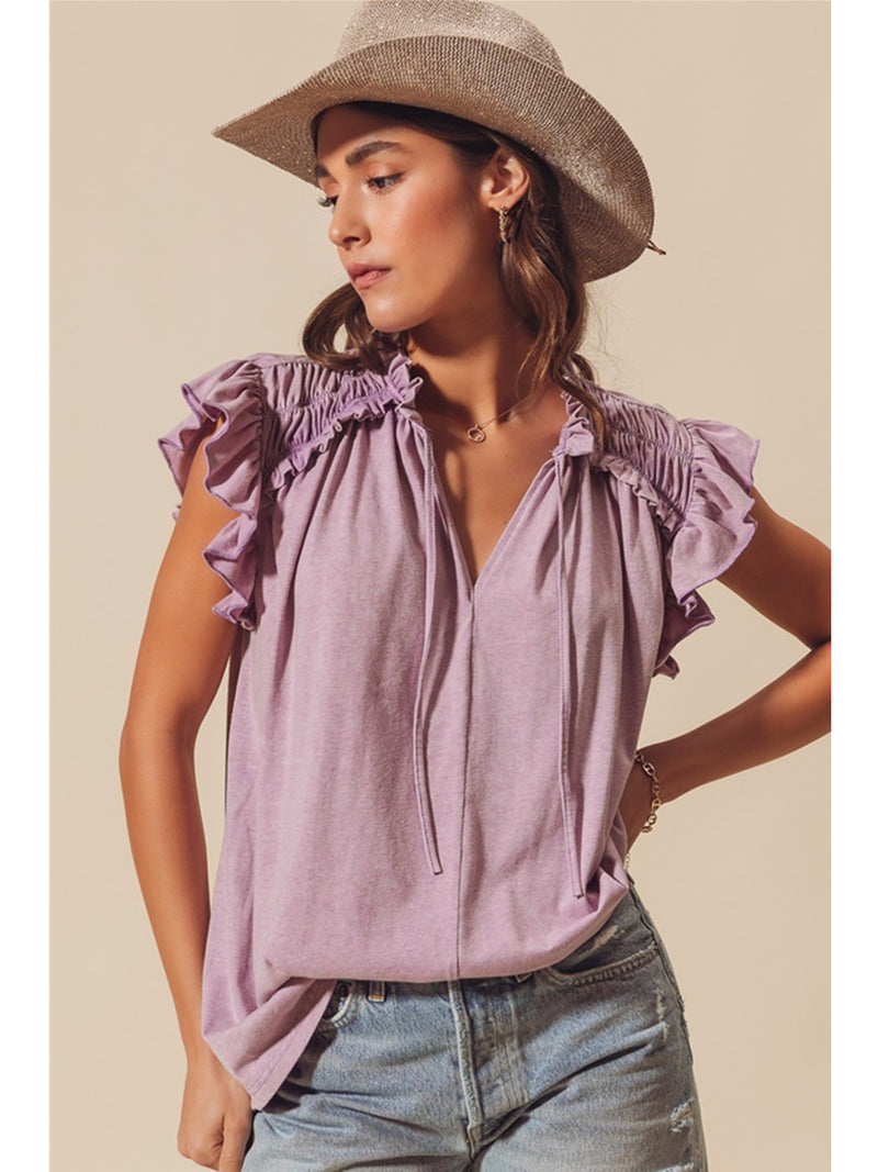 So Me Tiffany Butterfly Sleeve Frilled Neck Top In Vintage Lavender