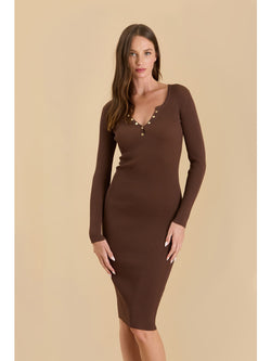 The Workshop Lizeth Henley Long Sleeve Knit Dress In Brown