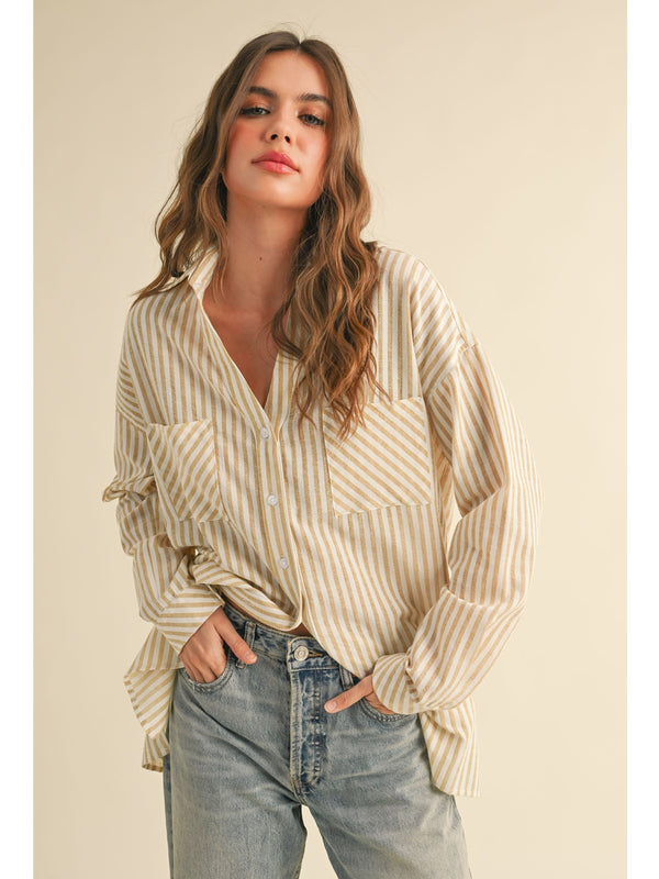 Miou Muse Kelly Striped Button Down Shirt In Mustard