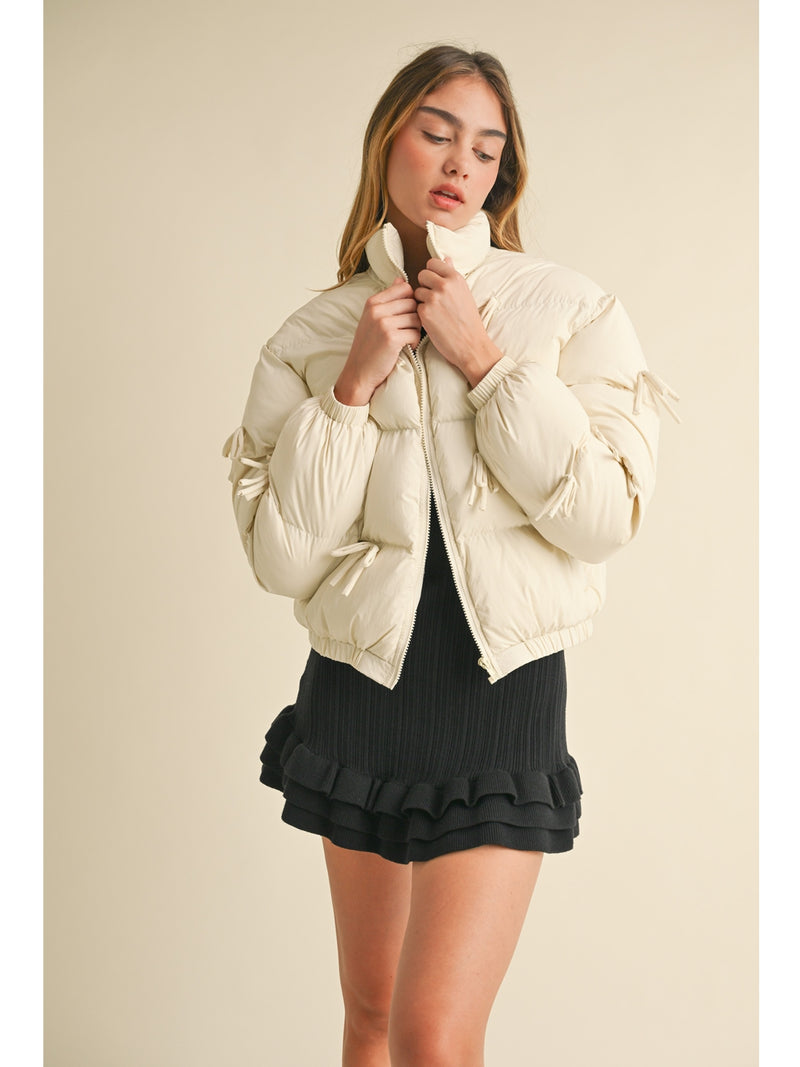 Mable Bianca Puffer Jacket With Ribbon Bow In Ecru