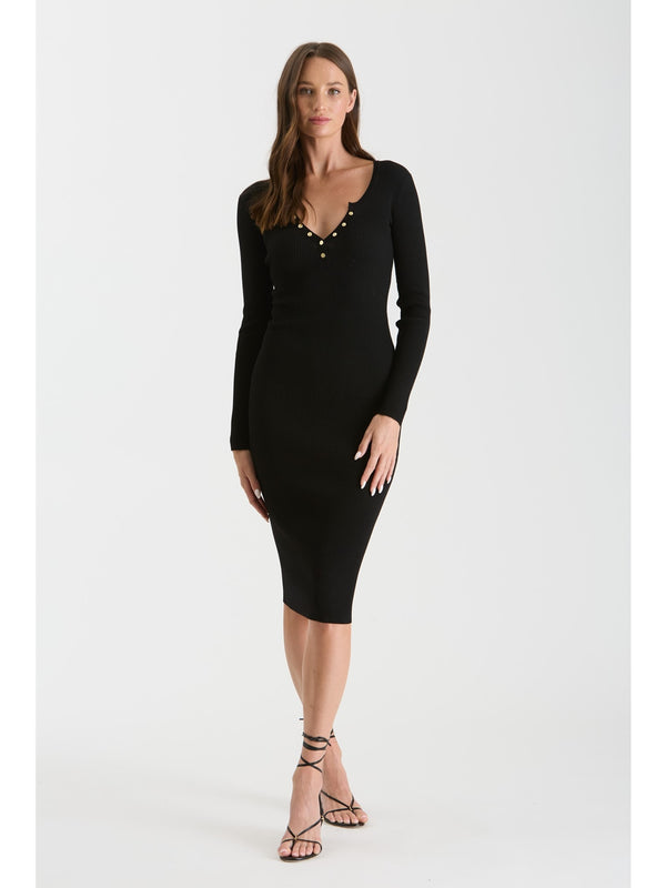 The Workshop Lizeth Henley Long Sleeve Knit Dress In Black