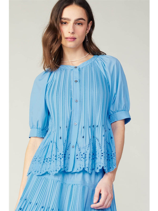 Current Air Kimberly Pleated Eyelet Top In Baby Blue