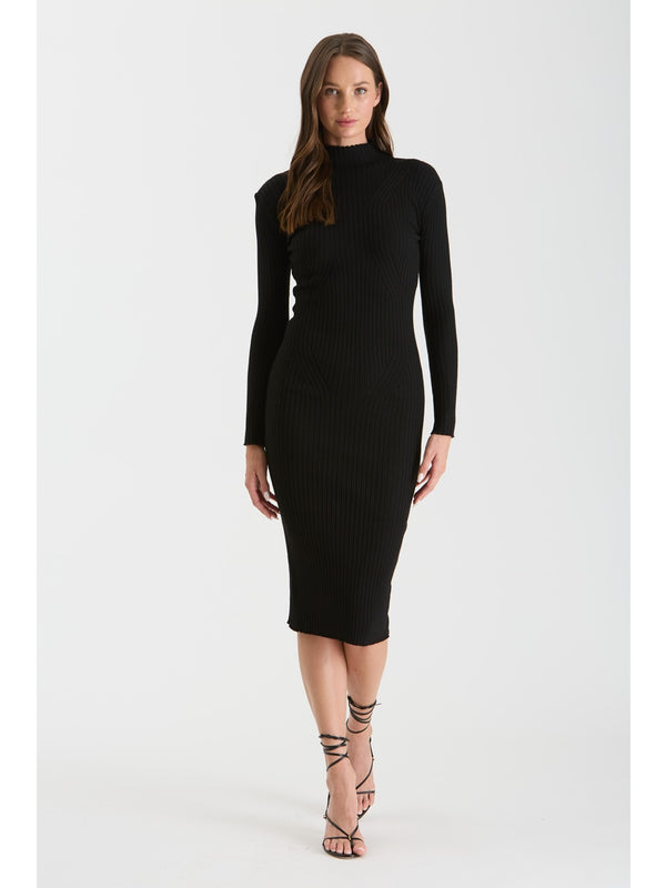 The Workshop Elle Mock Neck Long Sleeve Knit Dress In Black