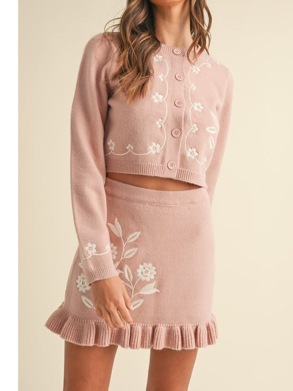 Mable Oslo Floral Embroidery Cardigan and Mini Skirt Set In Rose