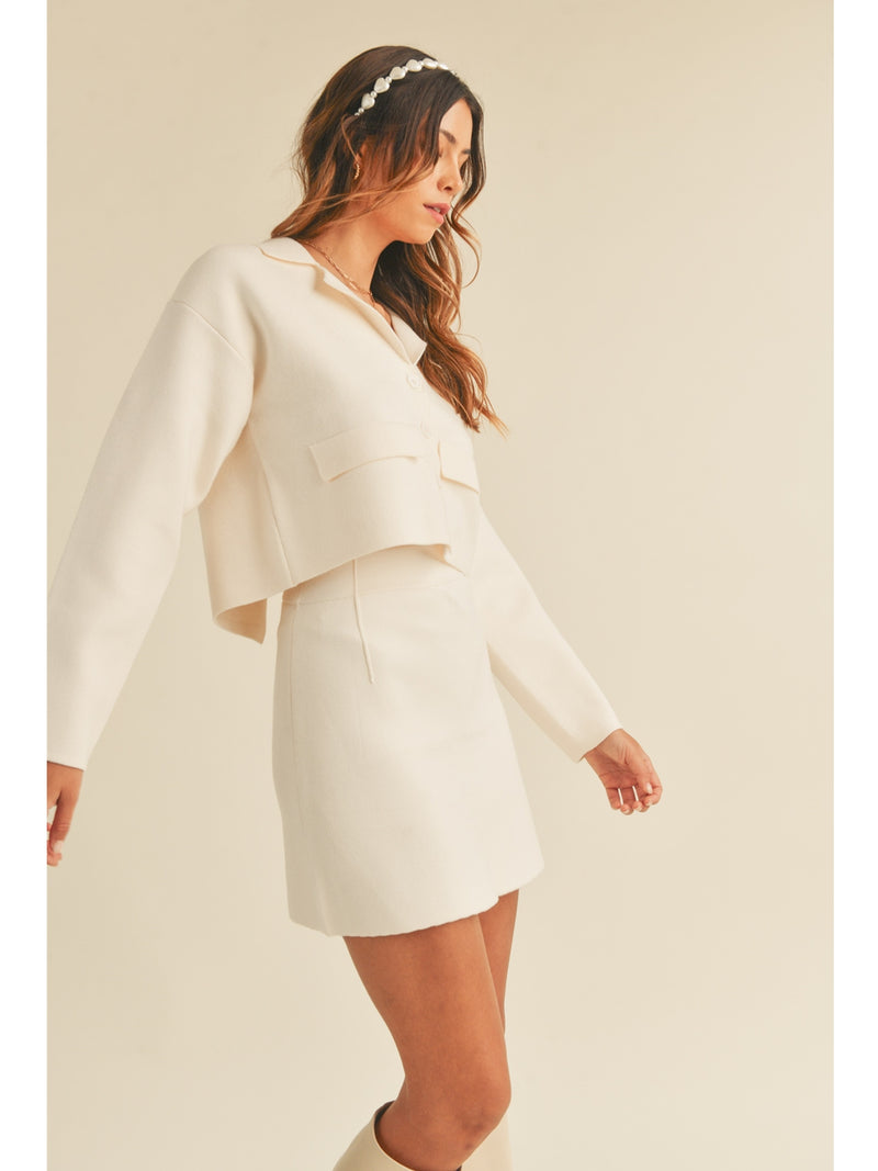 Mable Ayden Button Down Knit Jacket Mini Skirt Set In Cream