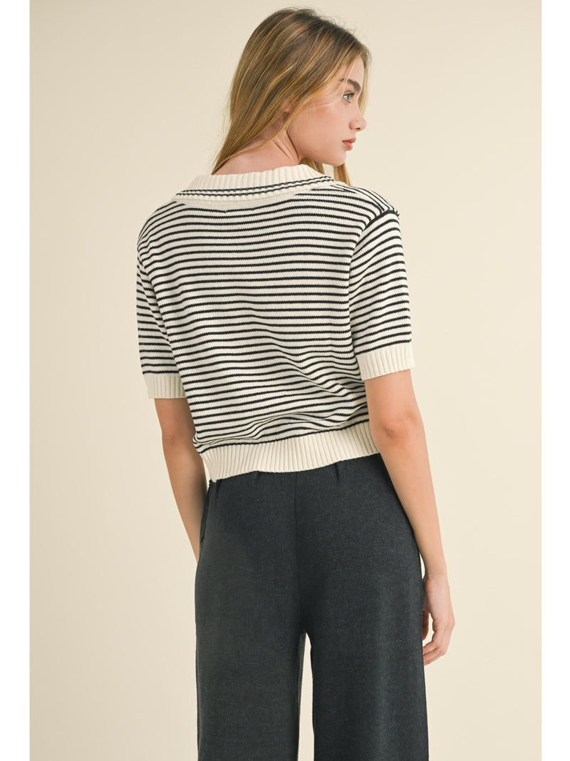 Miou Muse Valerie Stripe Knitted Top In White Black