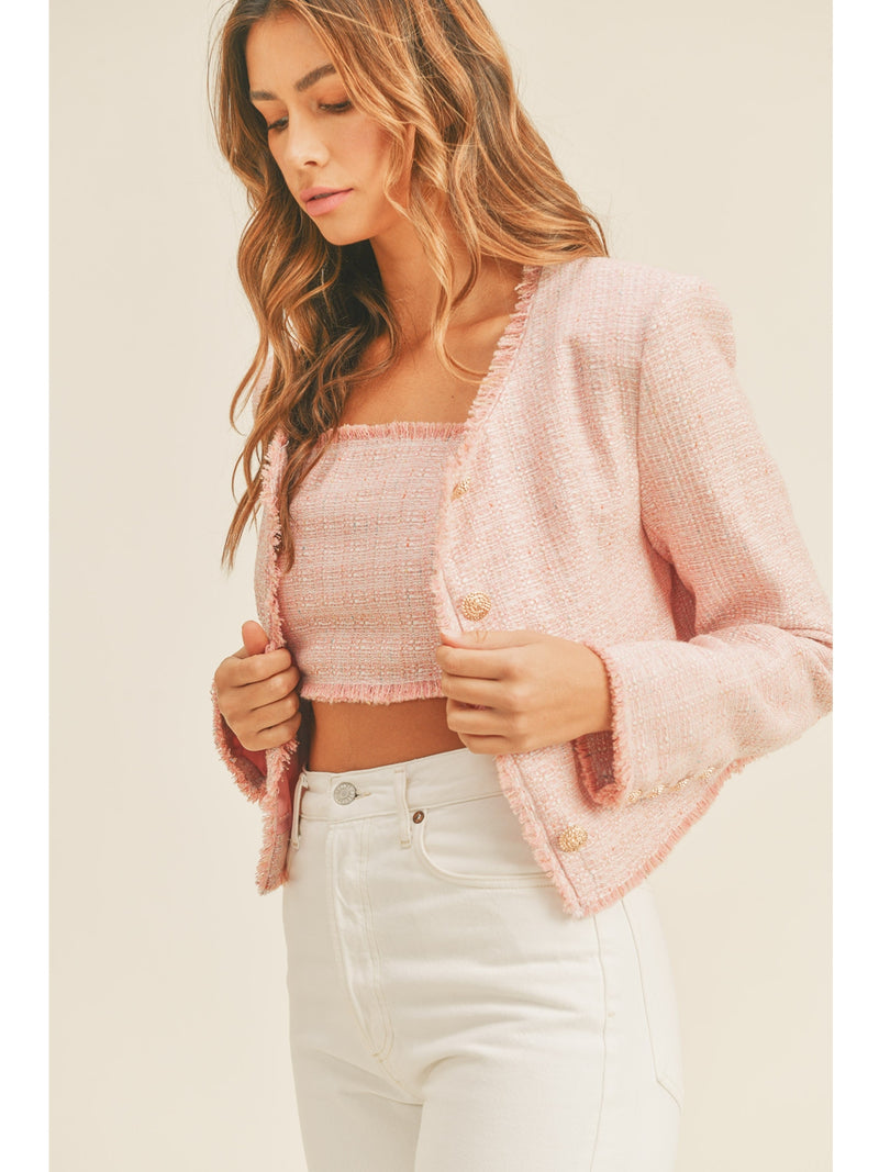 Mable Jasmine Tweed Crop Jacket And Crop Top Set In Pink