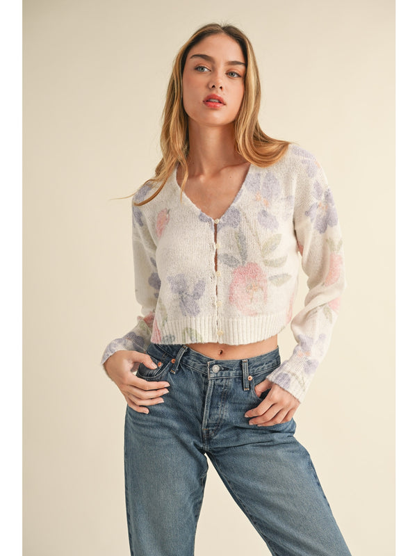 Mable Ember Floral Printed Cardigan In Pink Multi