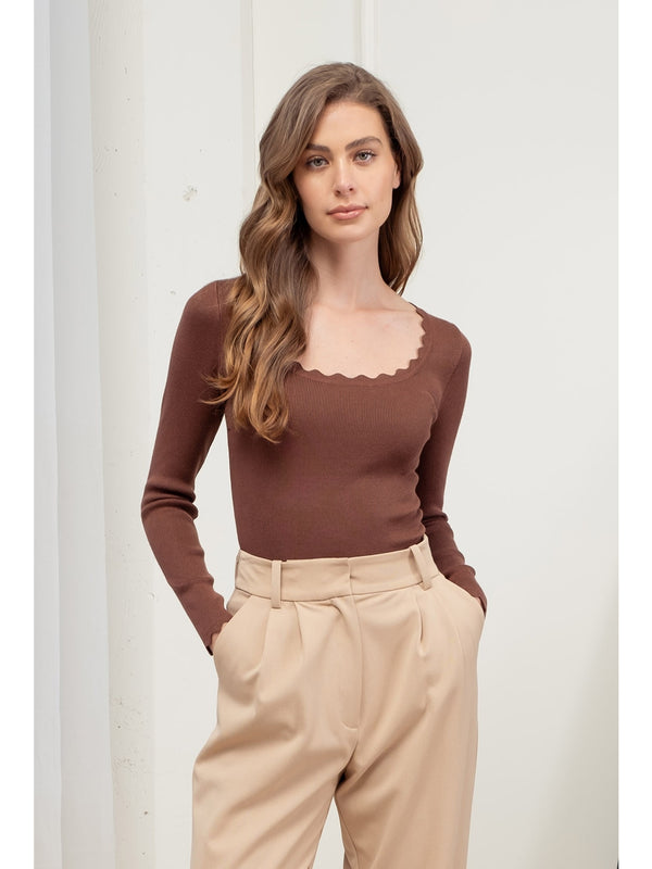 The Workshop Genev Scallop Trim Long Sleeve Knit Top In Dark Brown