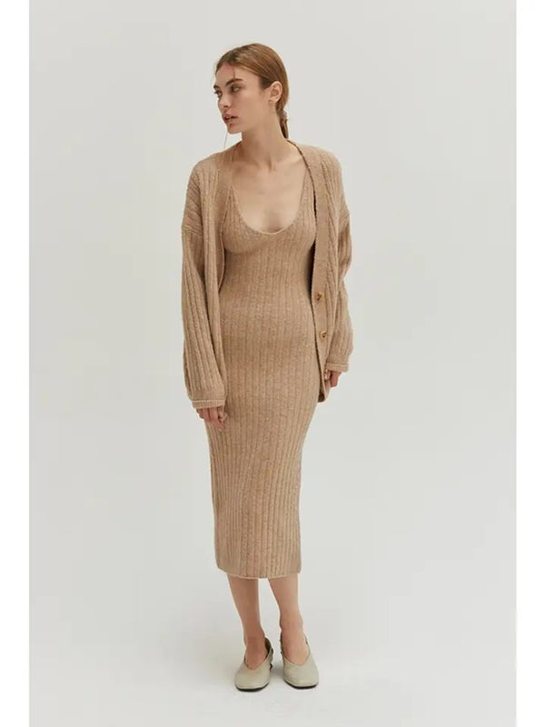 Crescent Yara Ribbed Sweater Dress Two Piece Set In Beige