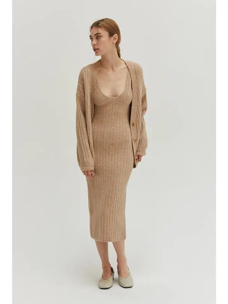 Crescent Yara Ribbed Sweater Dress Two Piece Set In Beige