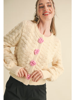 &Merci Mavis Flower Button Knit Cardigan In Ivory