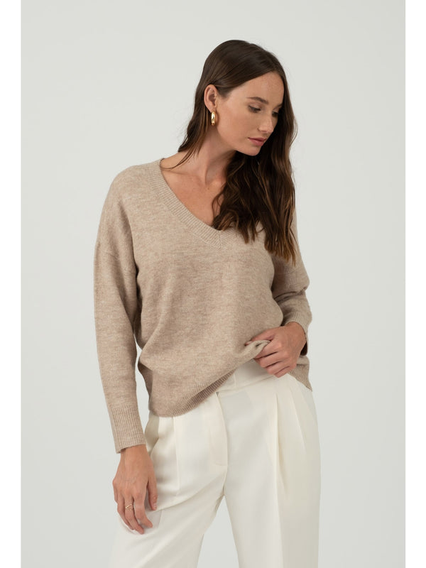 The Workshop Gracie Vneck Drop Shoulder Sweater In Light Taupe