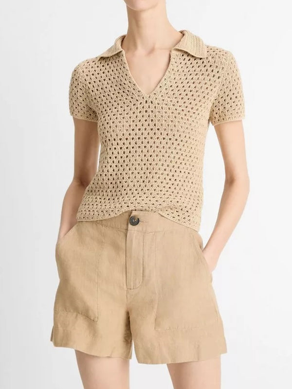 Vince Macramé Cotton Polo Sweater In Pale Nut