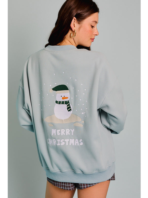 LE LIS Merry Christmas Long Sleeve Crew Neck Sweatshirt In Light Blue