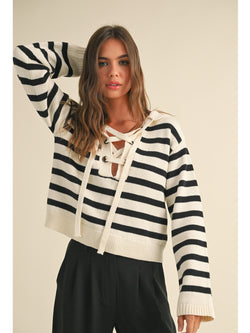 Miou Muse Blare Lace Up Sweater Top In Black Stripe