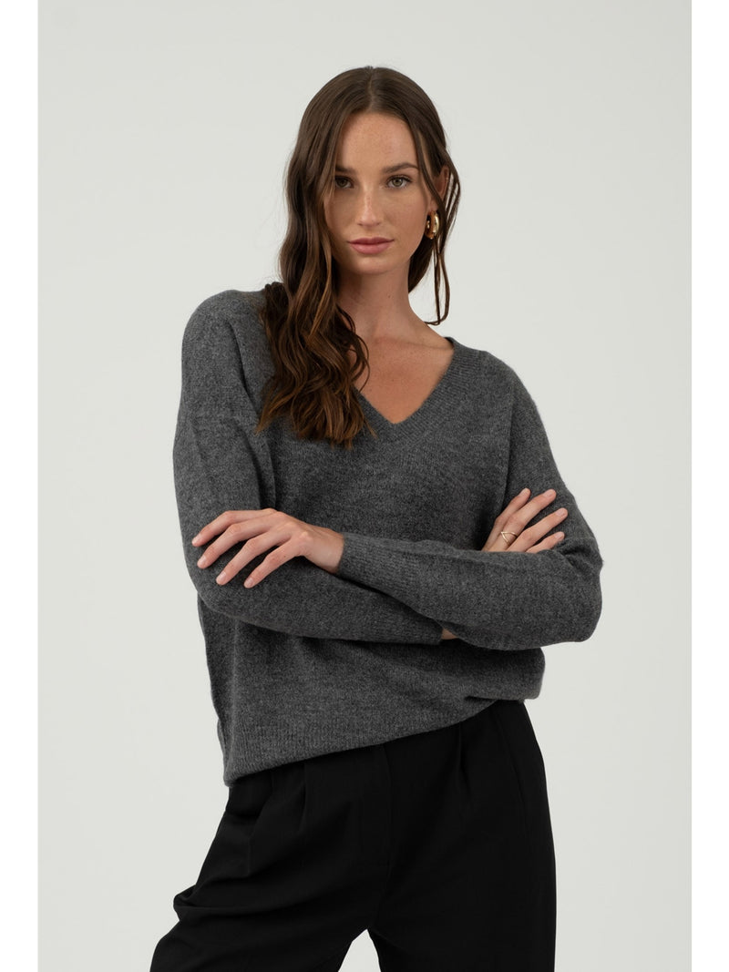 The Workshop Gracie Vneck Drop Shoulder Sweater In Charcoal