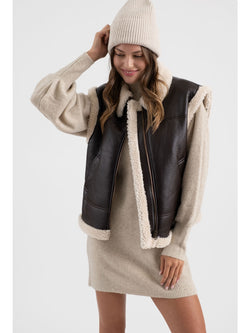 Blu Pepper Lexi Faux Leather Shearling Vest In Dark Brown