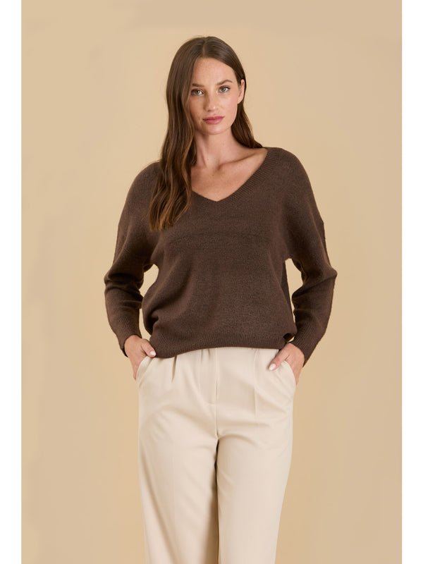 The Workshop Gracie Vneck Drop Shoulder Sweater In Dark Mocha