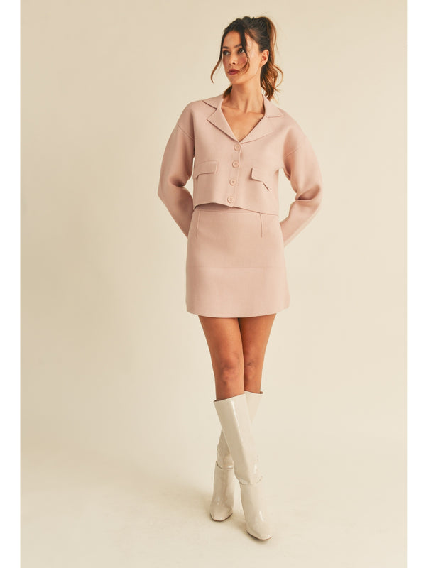 Mable Ayden Button Down Knit Jacket Mini Skirt Set In Blush