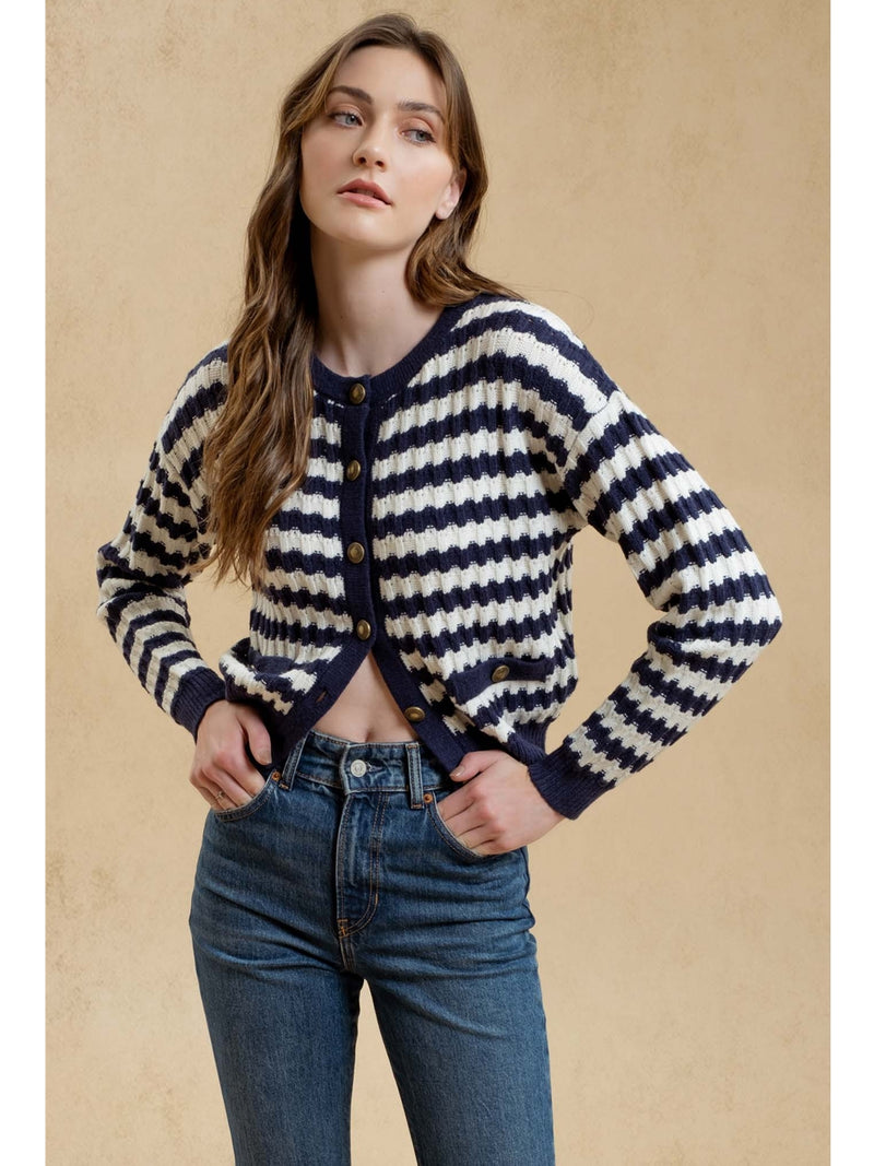 Blu Pepper Eiffel Stripe Knit Cardigan In Navy