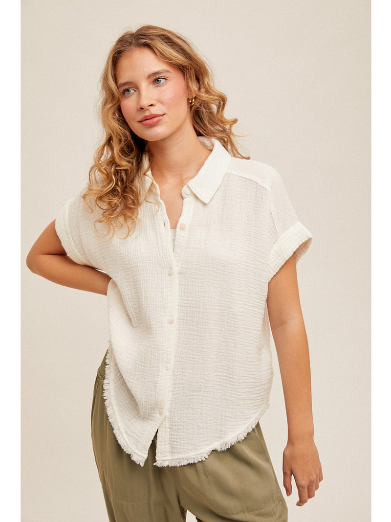 Hem&Thread Evana Fring Hem Collared Button Down Short Sleeve Shirt In White