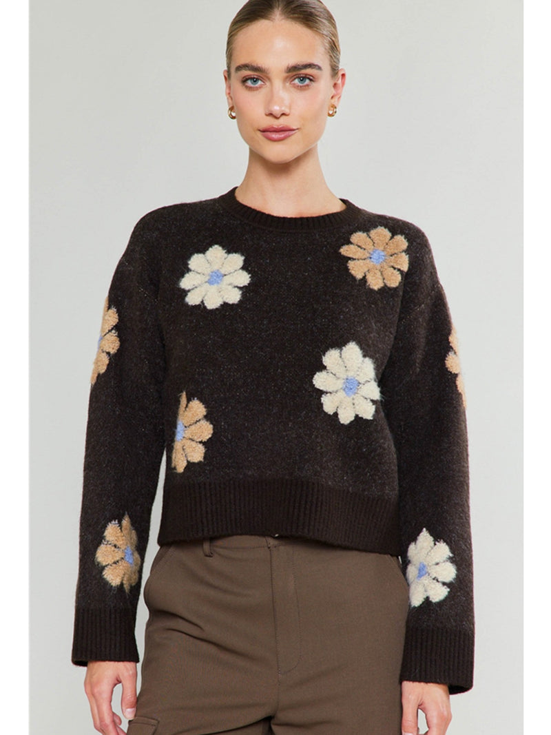 Current Air Vanna Flower Motif Sweater In Brown