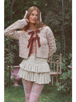 Listicle Jazzlyn Bow Tie Closure Cable Knit Cardigan In Blush