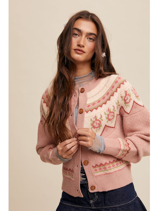 Listicle Annalee Vintage Flower Pattern Crew Neck Knit Cardigan In Dusty Pink