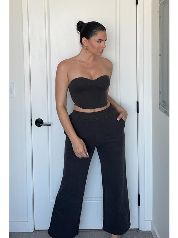 Salty Kinsley Knit Terry Corset Top With Wide Pant In Charcoal