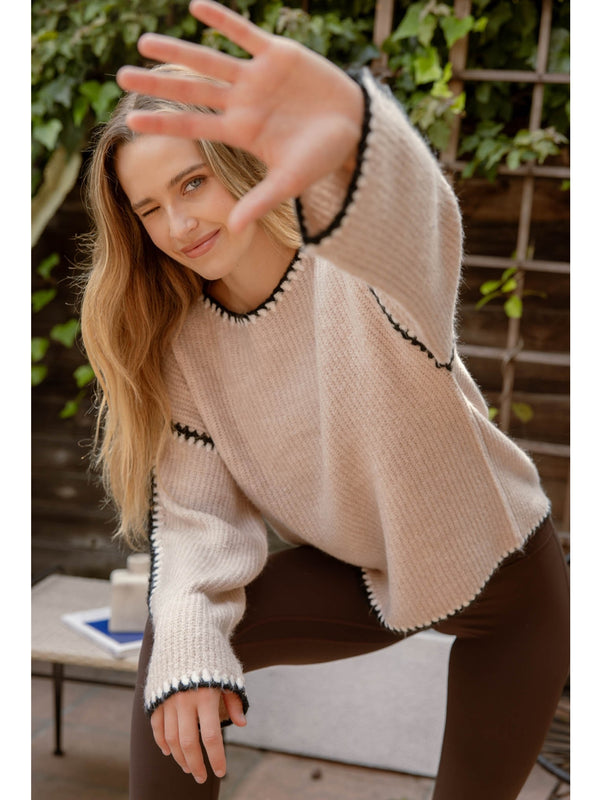 Blu Pepper Florence Contrast Stitch Sweater In Oatmeal