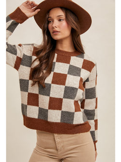 Hem&Thread Checked Crew Neck Sweater In Brown