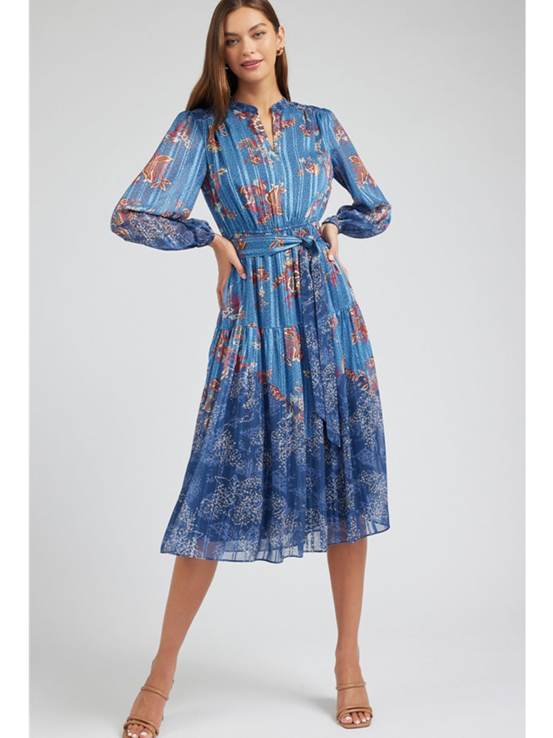 Current Air Mandarin Collar Dress In Blue Multi